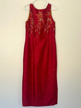 VTG YL By Yair Red Silk Column Maxi Dress 8 Gold Floral Embroidered